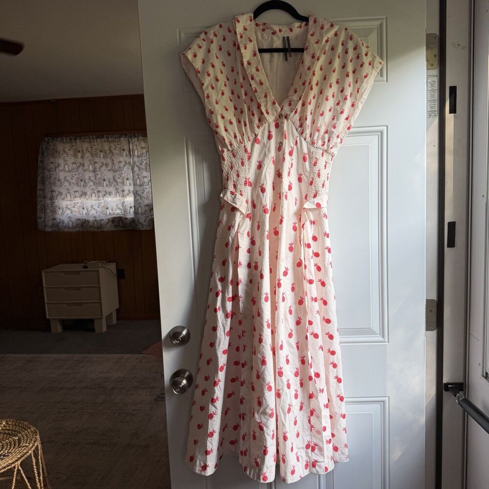 $198 Anthropologie Pineapple Short Sleeve V-Neck Dress Size Small Midi Cottage - Picture 10 of 16